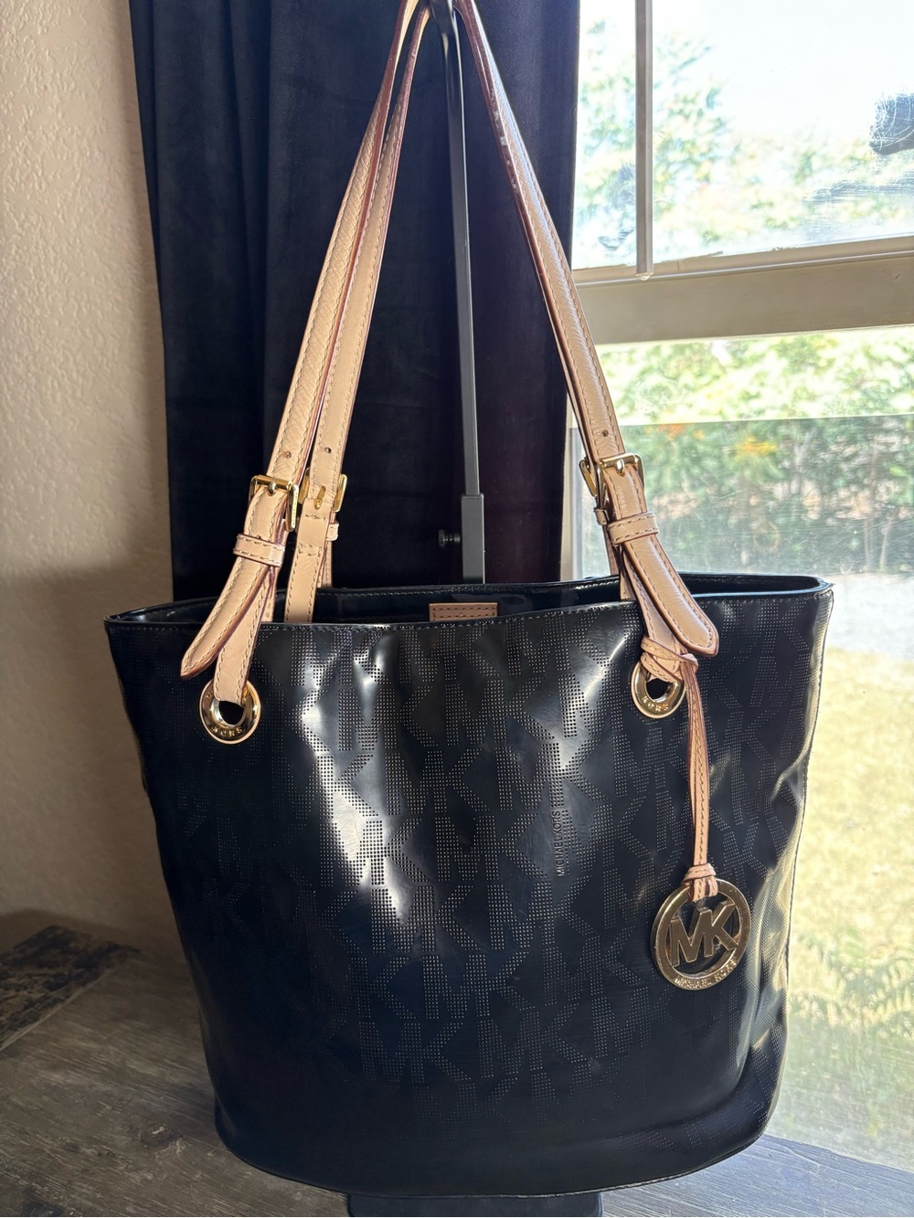 Michael Kors Black Patent Logo Tote with Beige Straps